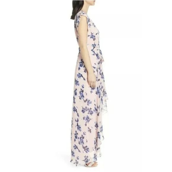 NWT Eliza J Floral Chiffon High-Low V-Neck Waist Tie Maxi Dress Pink Blue 2 - Picture 2 of 10